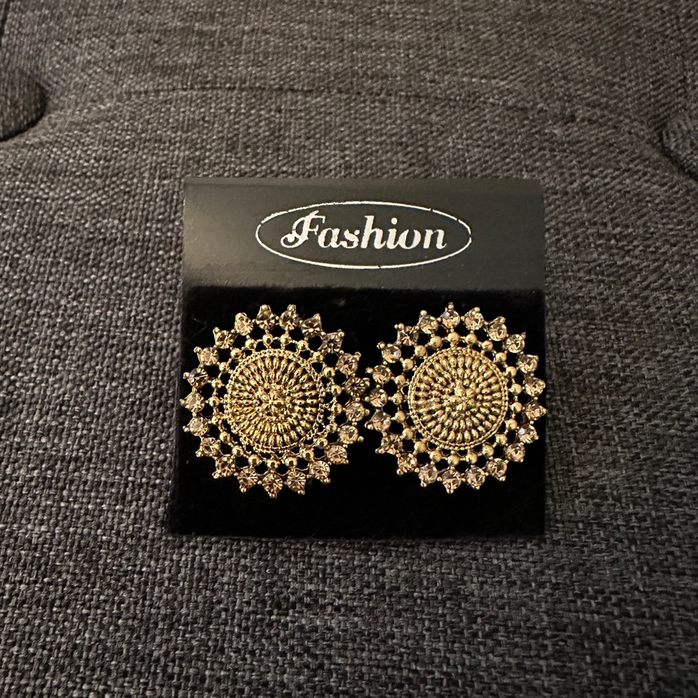 Gold Statement Earrings with Circular Sunburst Design